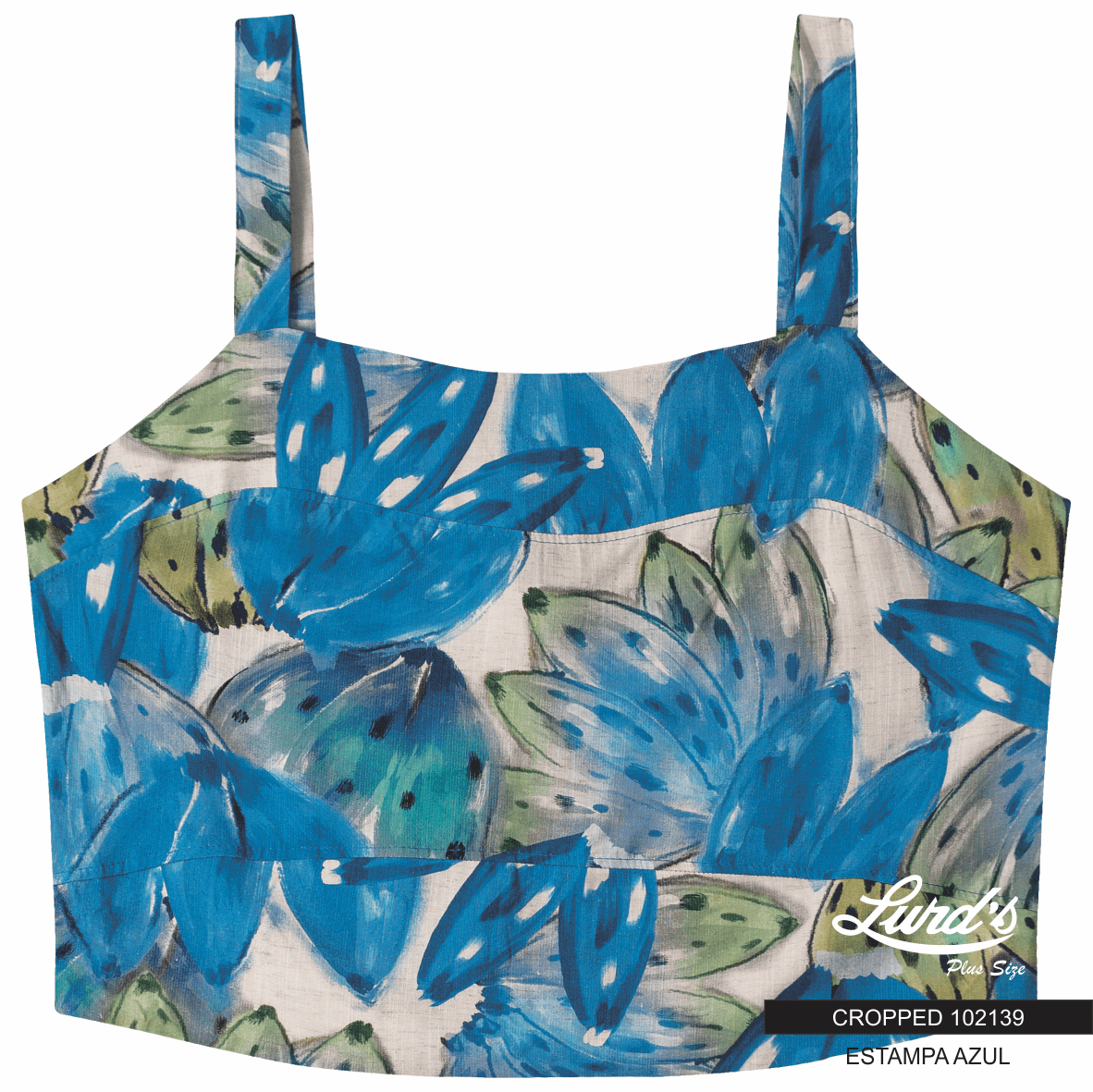 Cropped Feminino Plus Size Sem Manga Estampa Azul