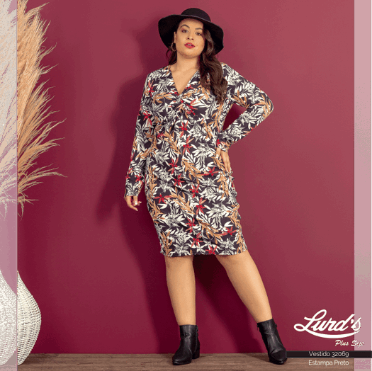 Vestido Plus Size Manga Longa Estampa Preto