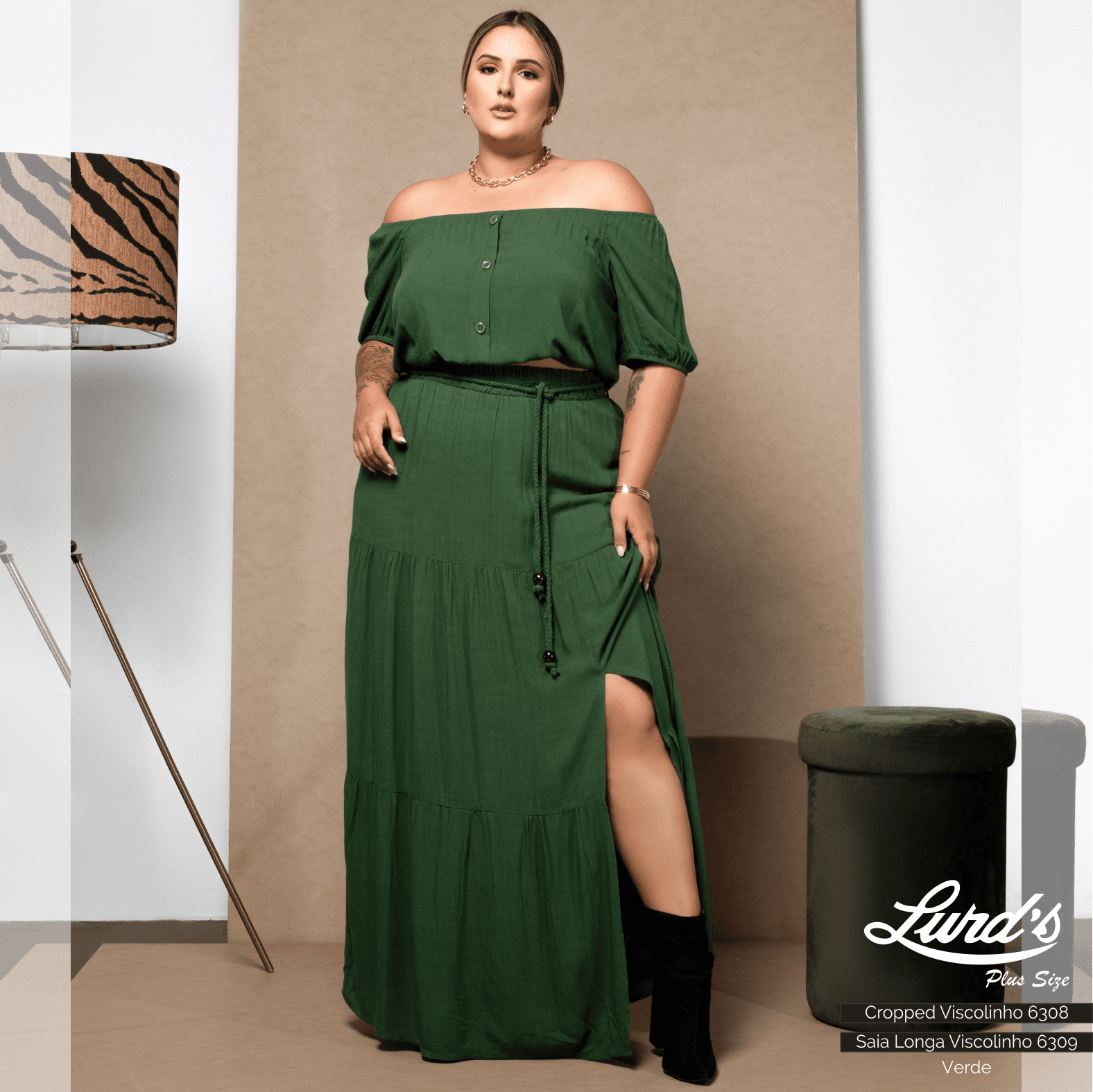 Saia Longa Plus Size Com Fenda Ref 6309 Verde