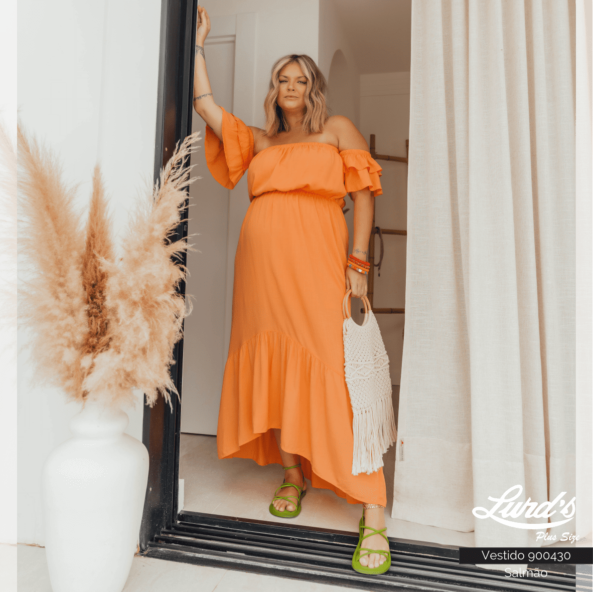 Vestido Longo Plus Size Manga Curta Ref 900430 Salmão