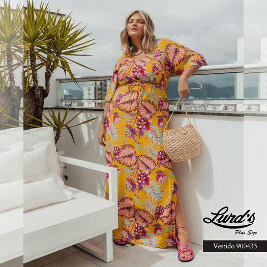 Vestido Longo Plus Size Manga Curta Ref 900433 Amarelo