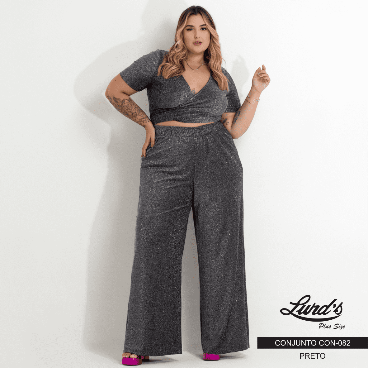 Conjunto Feminino Plus Size Pantalona + Cropped Manga Curta Ref. CON-082 Preto