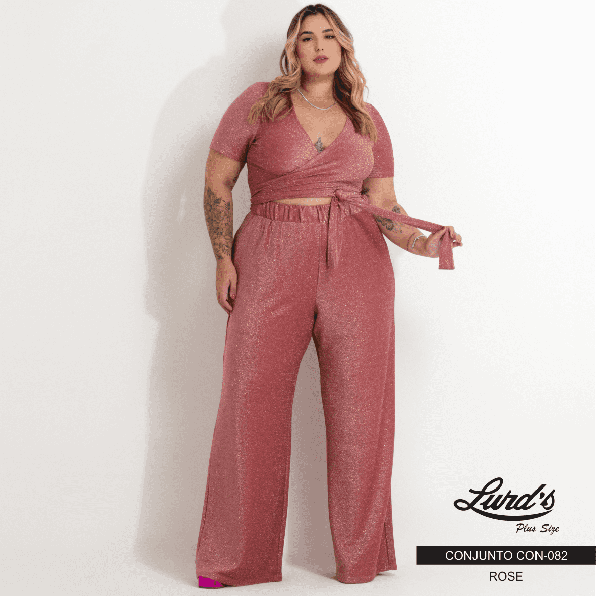 Conjunto Feminino Plus Size Pantalona + Cropped Manga Curta Ref. CON-082 Rose