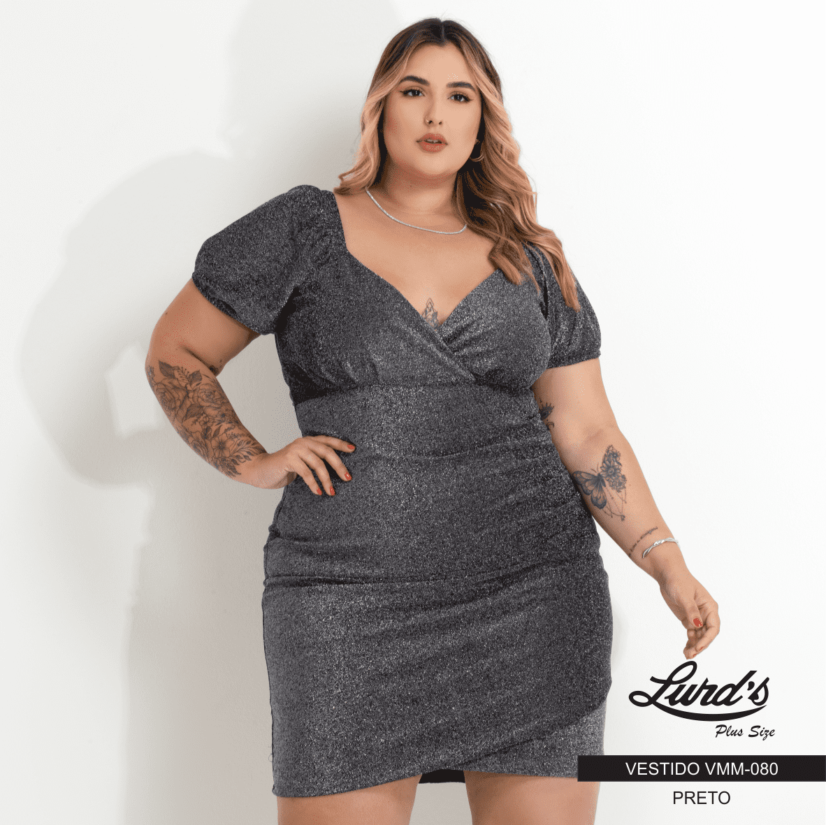 Vestido Plus Size Manga Curta Ref VMM-080 Preto