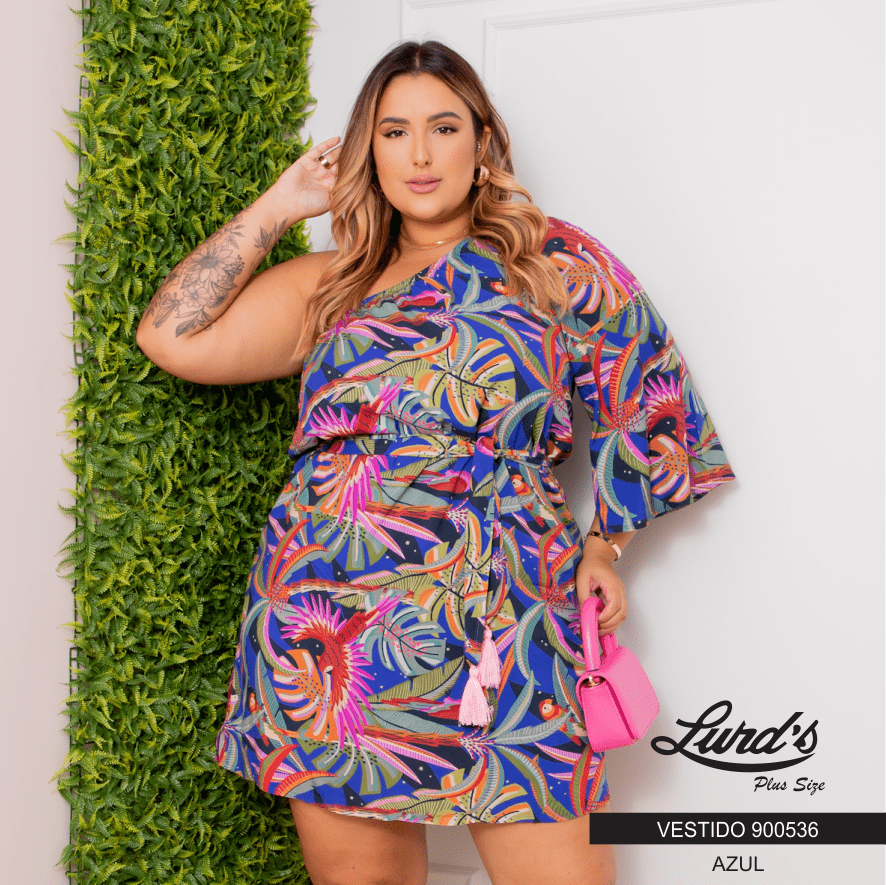 Vestido Plus Size Manga Curta Ref 900536 Estampa Azul
