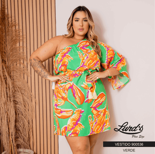 Vestido Plus Size Manga Curta Ref 900536 Estampa Verde