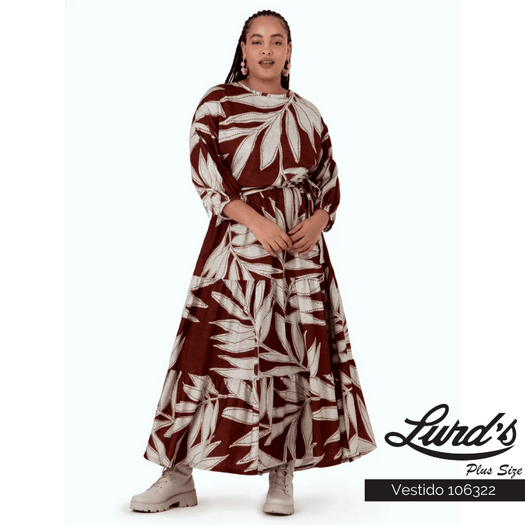 Vestido Longo Plus Size Manga 3/4 Estampa Ref 106322 Marrom