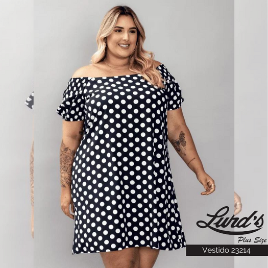 Vestido Curto Plus Size Manga Curta Ref VMM-23214 Poá Marinho