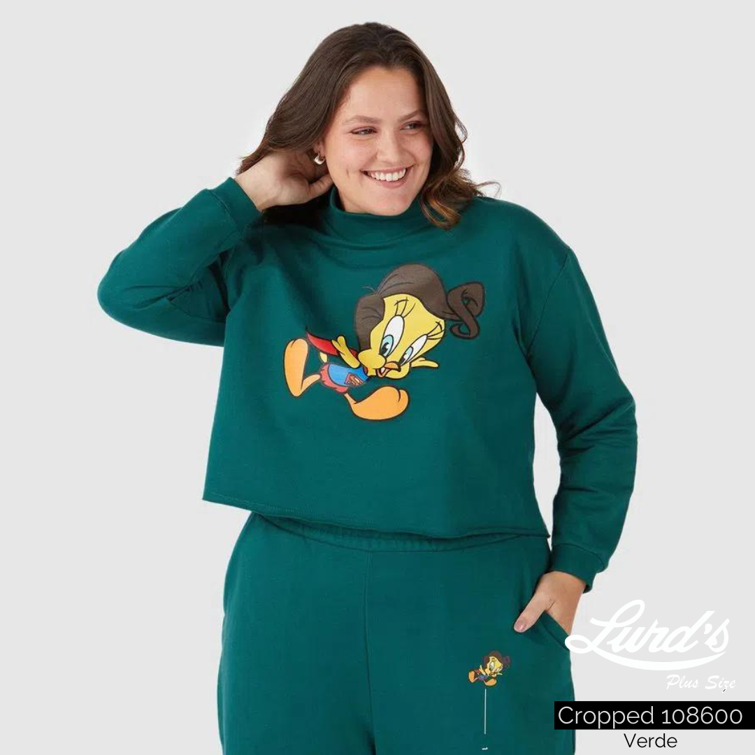 Cropped Feminino Plus Size Manga Longa Verde