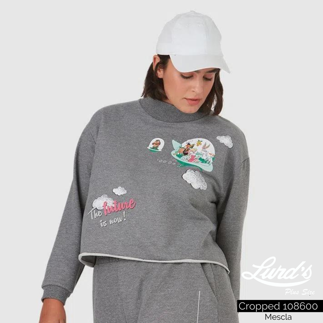 Cropped Feminino Plus Size Manga Longa Mescla