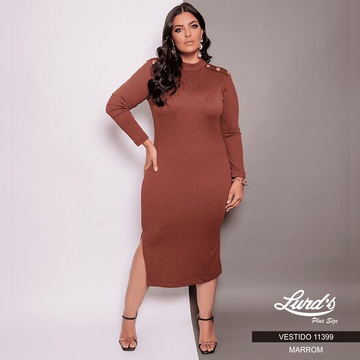 Vestido Mid Plus Size Manga Longa Marrom