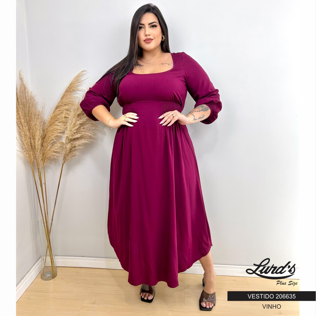 Vestido Longo Plus Size Manga 3/4 Ref 206635 Vinho 