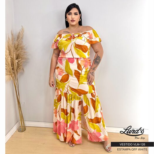 Vestido Longo Plus Size Manga Curta Marrie Ref VLM-126 Estampa Off White