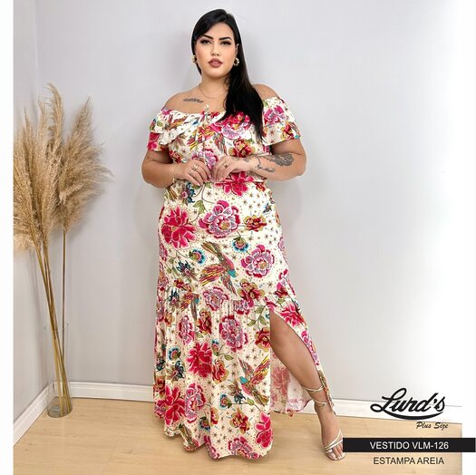 Vestido Longo Plus Size Manga Curta Ref VLM-126 Estampa Areia
