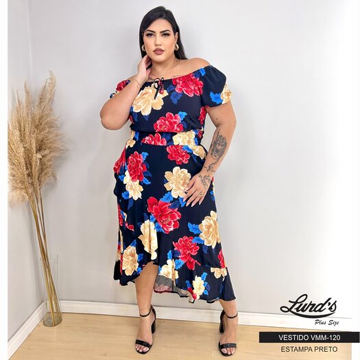 Vestido Mid Plus Size Manga Curta Ref VMM-120 Estampa Preto Marrie