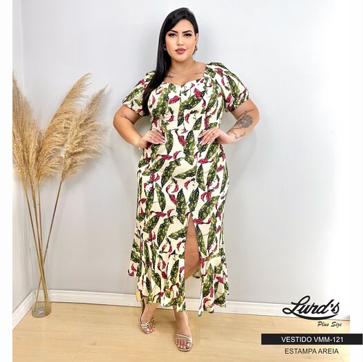 Vestido Mid Plus Size Manga Curta Estampa Areia