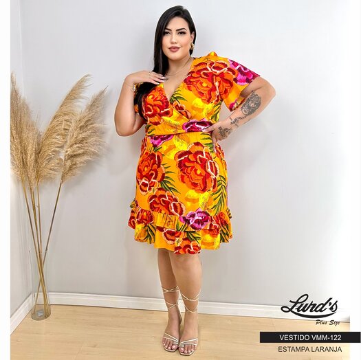 Vestido Plus Size Manga Curta Ref VMM-122 Estampa Laranja