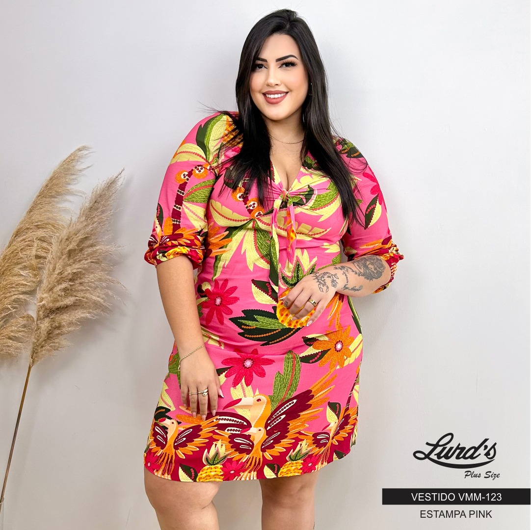 Vestido Plus Size Manga Curta VMM-123 Estampa Pink