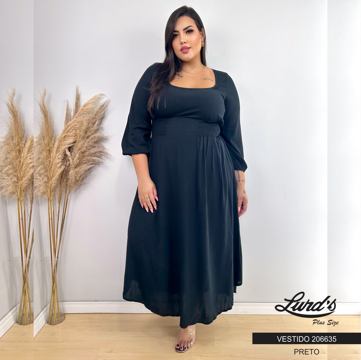 Vestido Longo Plus Size Manga 3/4 Ref 206635 Preto