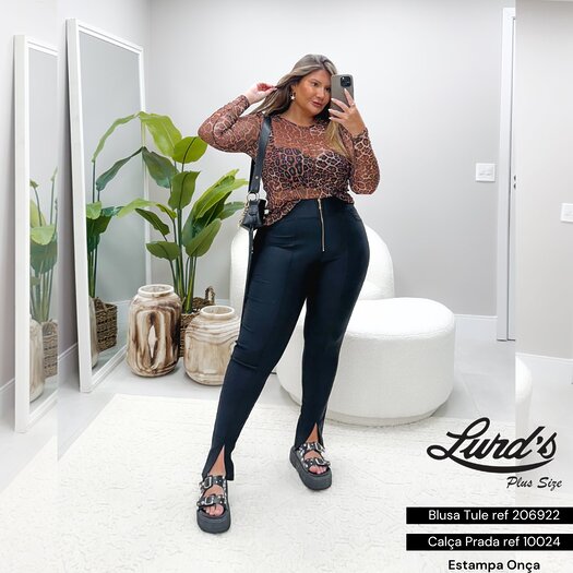 Blusa Tule Feminina Plus Size Marrie Ref 206922 Estampa Onça