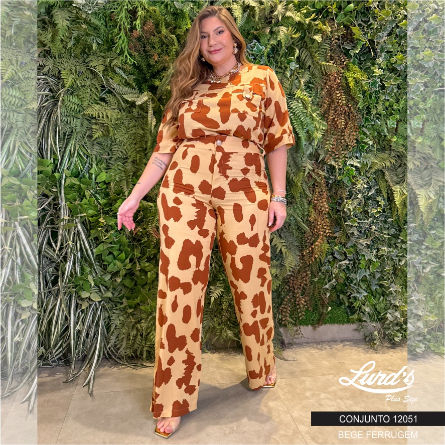Conjunto Feminino Plus Size Blusa Manga Curta + Calça 12051 Bege Ferrugem