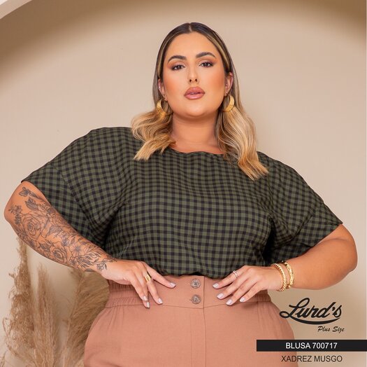 Blusa Feminina Plus Size Manga Curta 700717 Xadrez Musgo