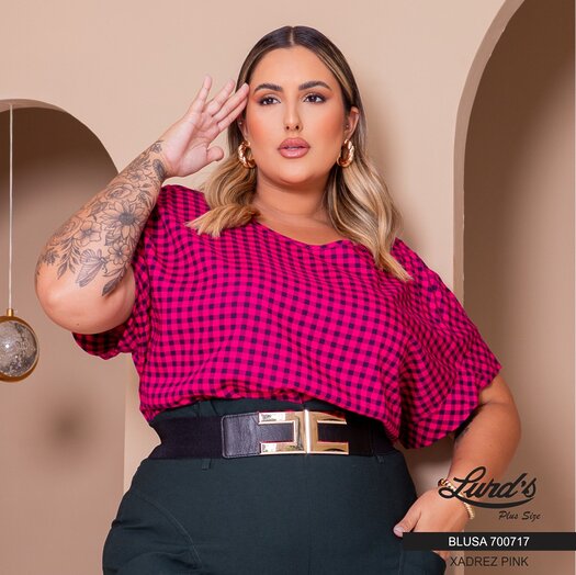 Blusa Feminina Plus Size Manga Curta 700717 Xadrez Pink