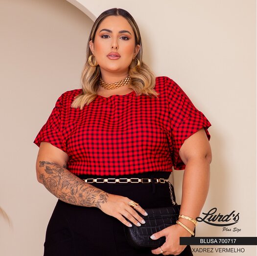 Blusa Feminina Plus Size Manga Curta 700717 Xadrez Vermelho