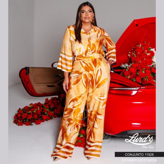 Conjunto Feminino Plus Size Camisa + Calça 11928 Estampa Mostarda