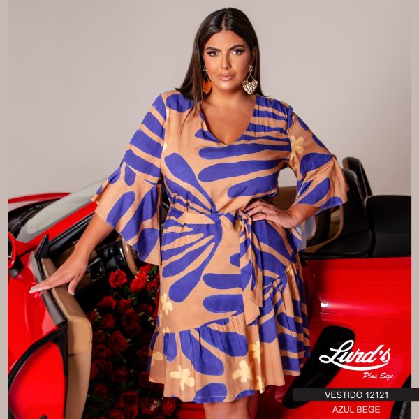 Vestido Plus Size Manga Longa 12121 Azul Bege