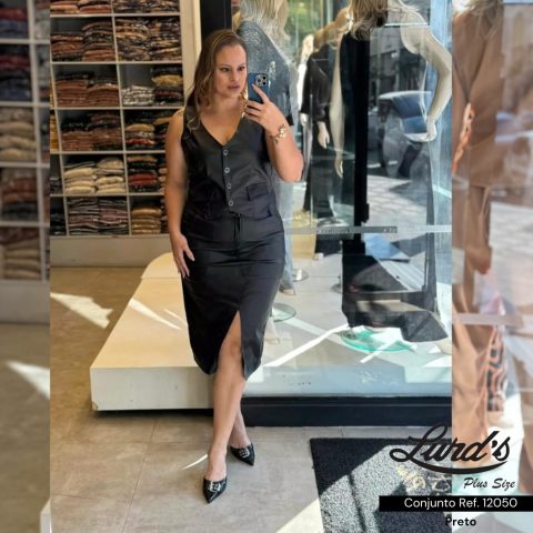 Conjunto Feminino Plus Size Colete + Saia Mid Ref 12050 Preto