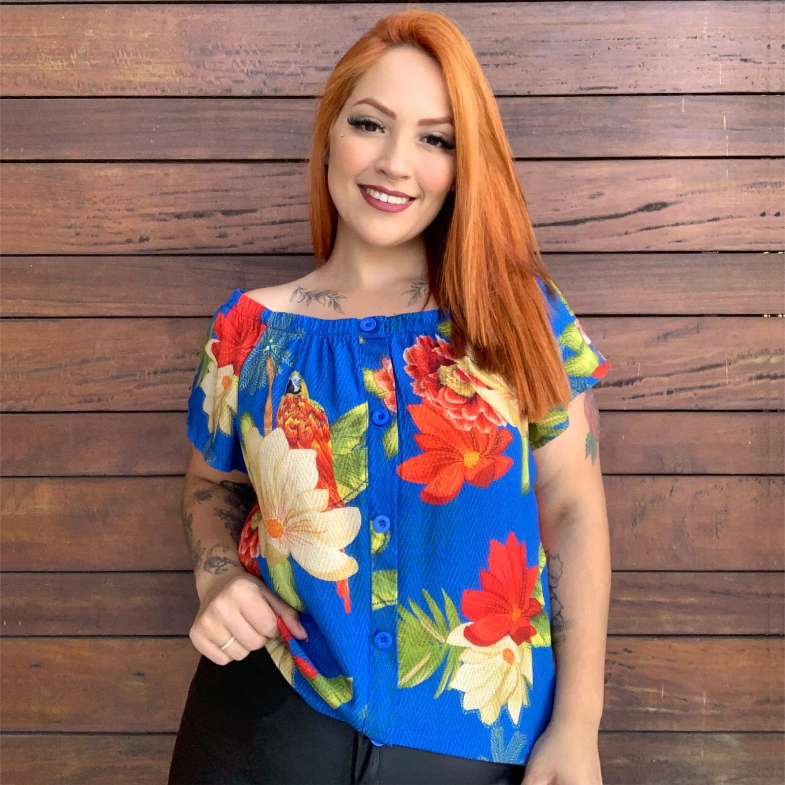 Blusa Feminina Plus Size Manga Curta Ref 222994 Estampa Azul