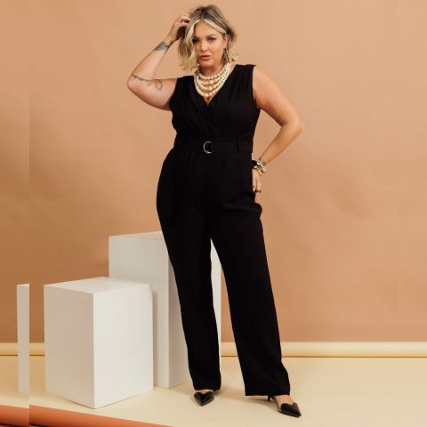 Macacão Longo Feminino Plus Size Sem Manga Ref 900706 Preto