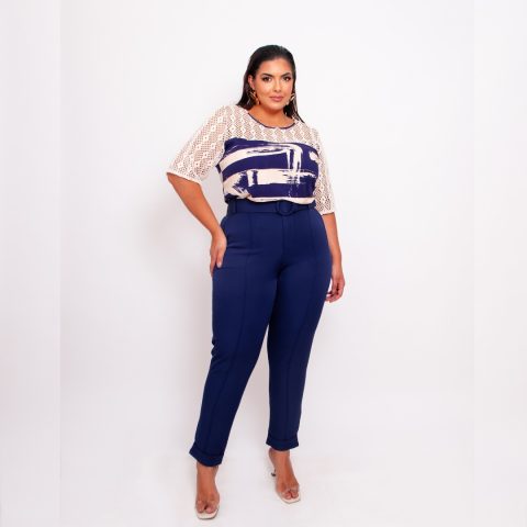 Calça Feminina Plus Size Alfaiataria Com Cinto Ref 11122 Marinho