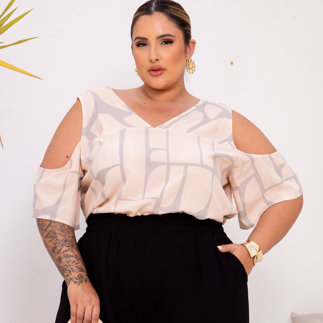 Blusa Feminino Plus Size Manga Curta Ref 700779 Estampa Salmão 