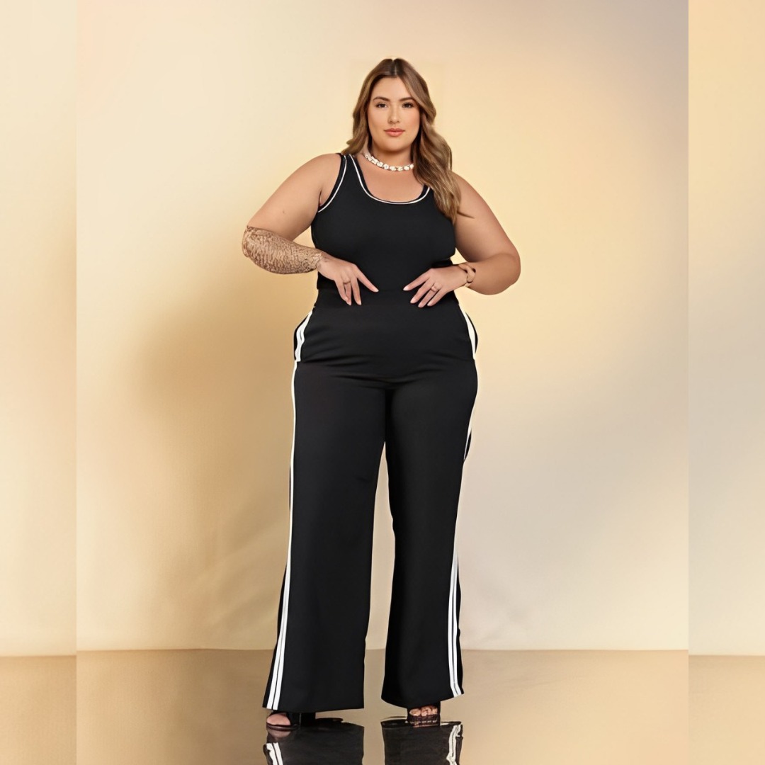 Calça Pantalona Feminina Plus Size Ref 23200 Preto Com Listras