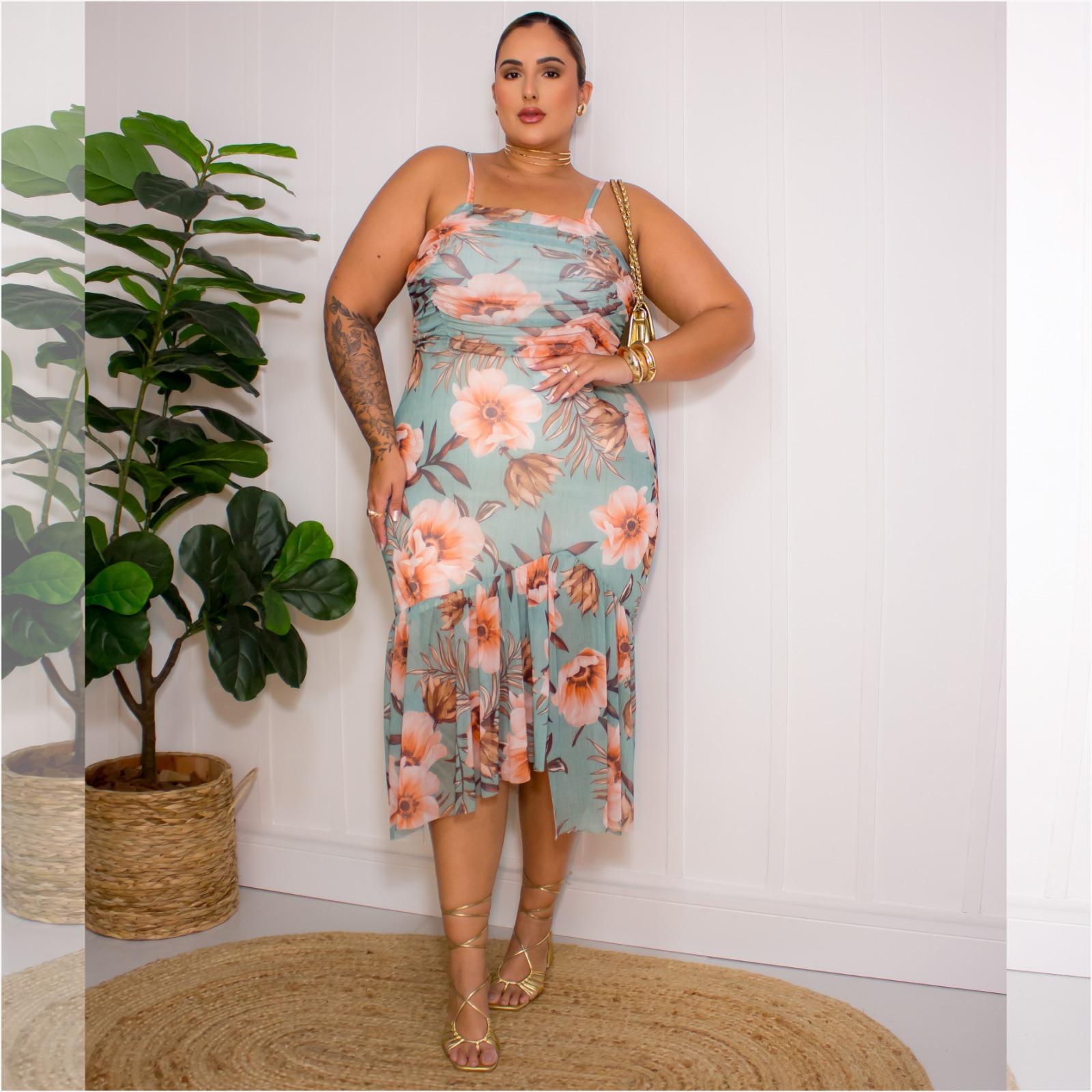 Vestido Mid Plus Size Sem Manga Ref 007184 Estampa Verde