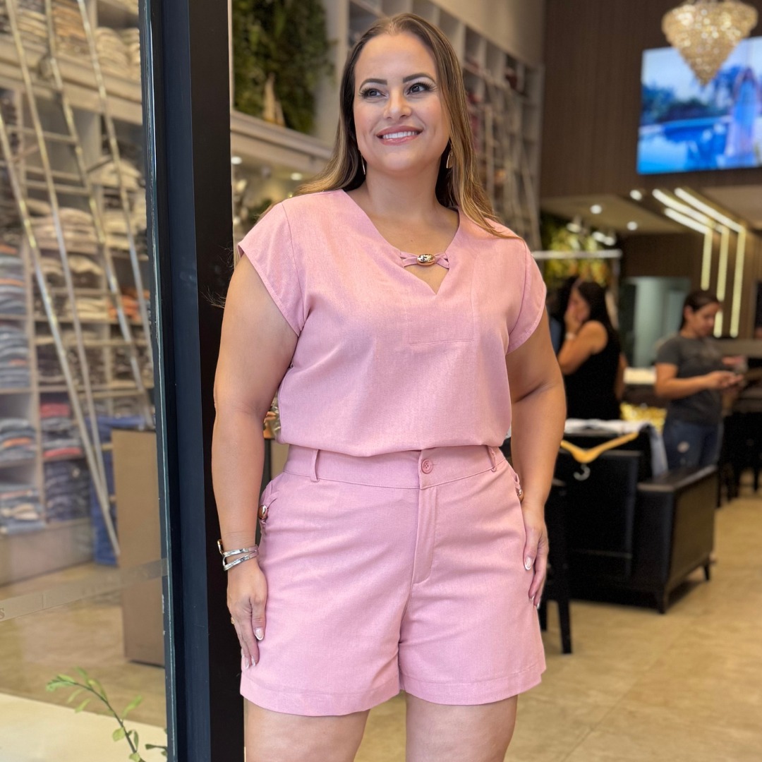 Conjunto Feminino Plus Size Blusa manga curta + Shorts Ref 12467 Rose