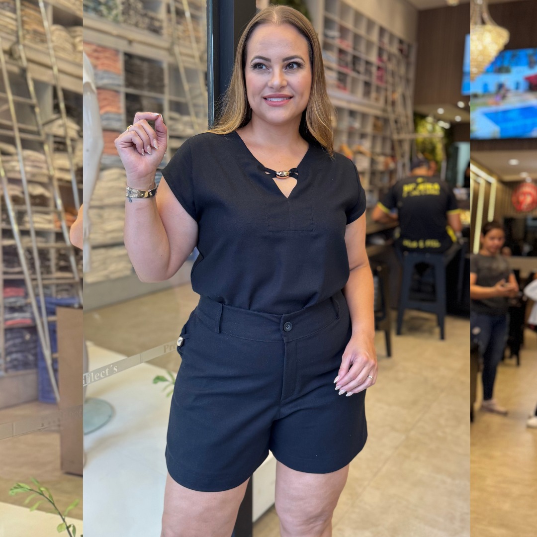 Conjunto Feminino Plus Size Blusa manga curta + Shorts Ref 12467 Preto