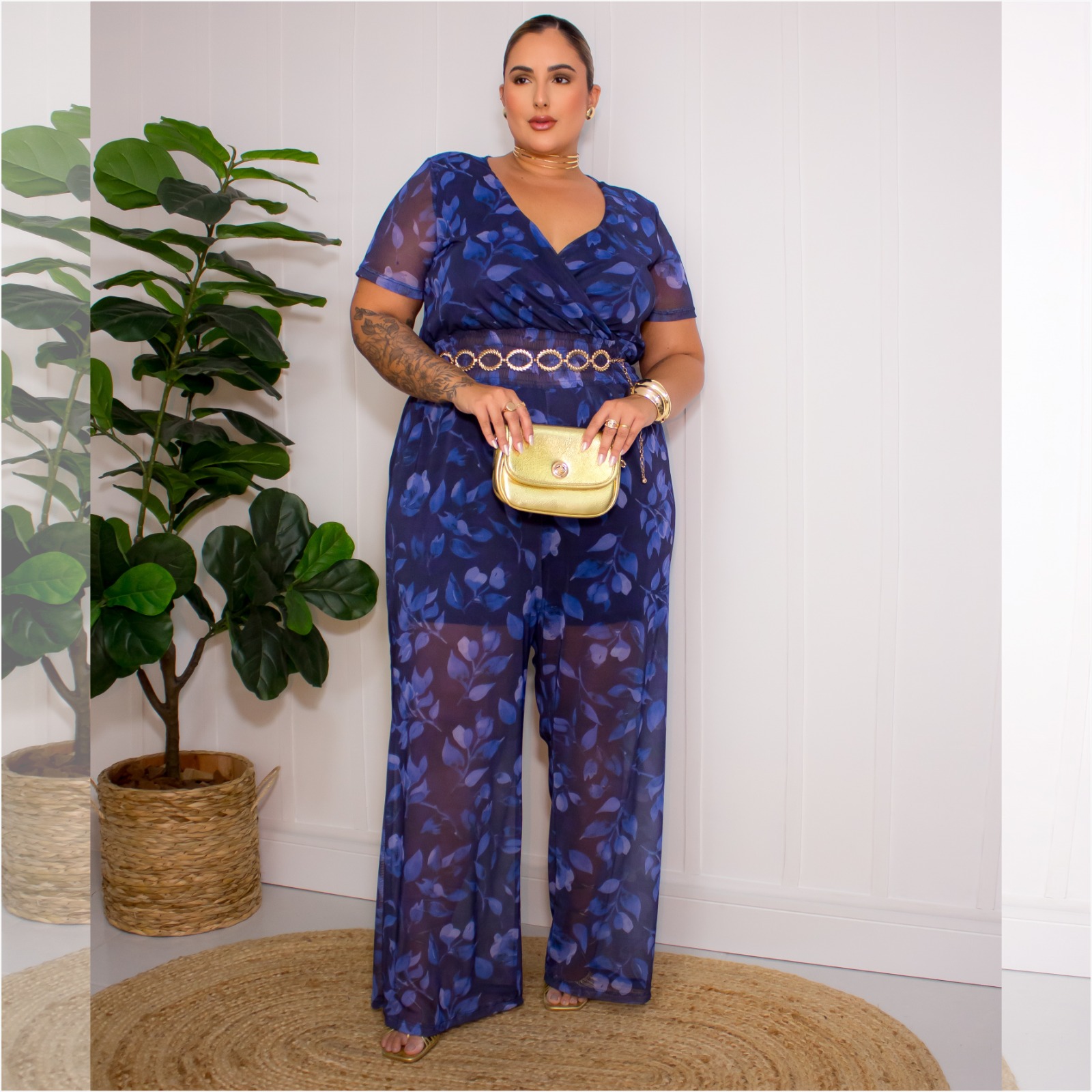 Macacão Longo Plus Size Manga Curta ref 306919 Estampa Marinho