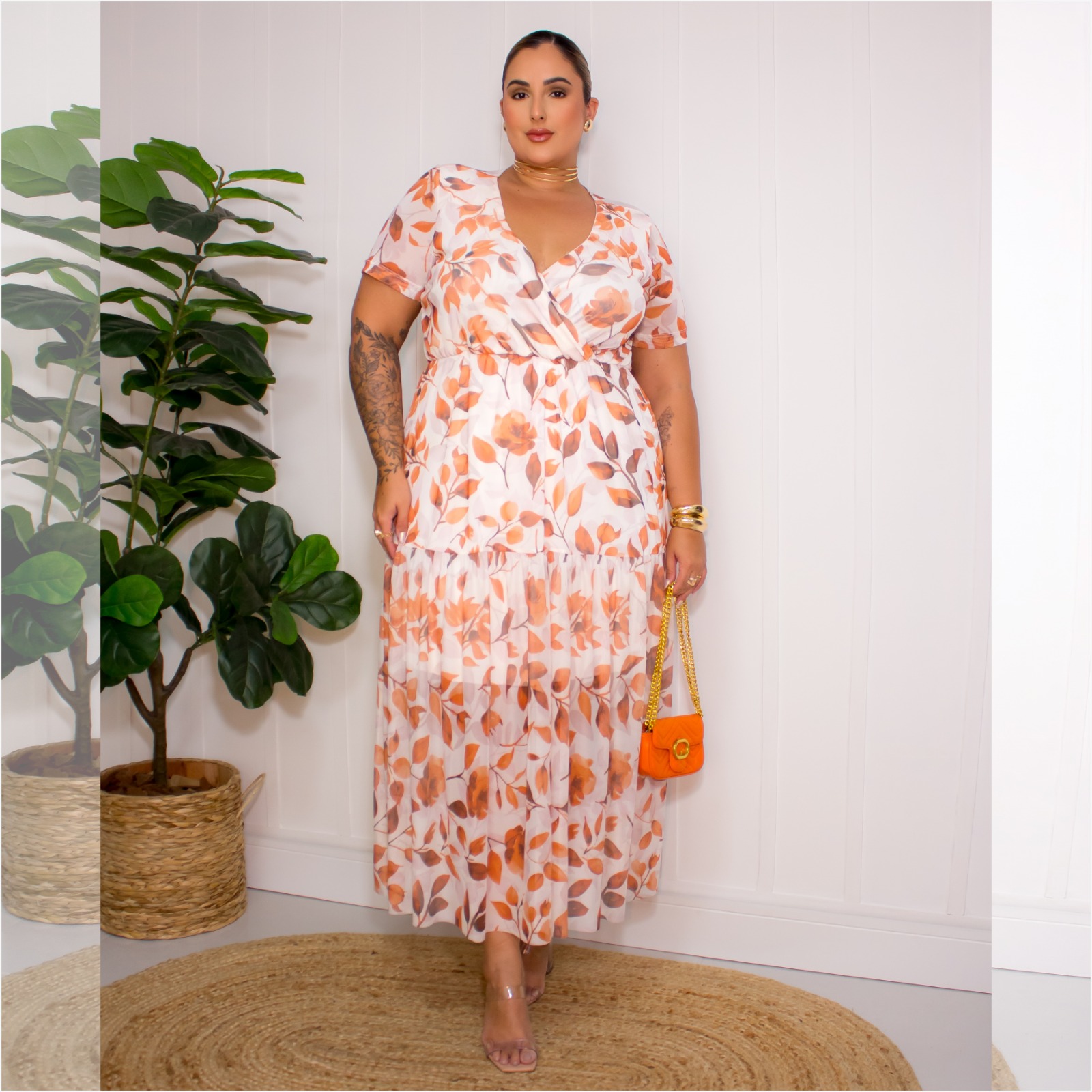 Vestido Mid Plus Size Manga Curta Ref 306920 Estampa Off White