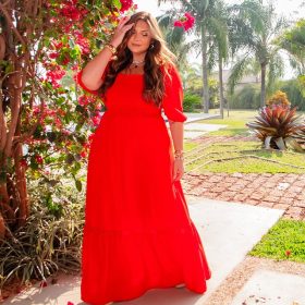 Vestido Longo Plus Size Manga Curta Ref 12298 Vermelho DANI