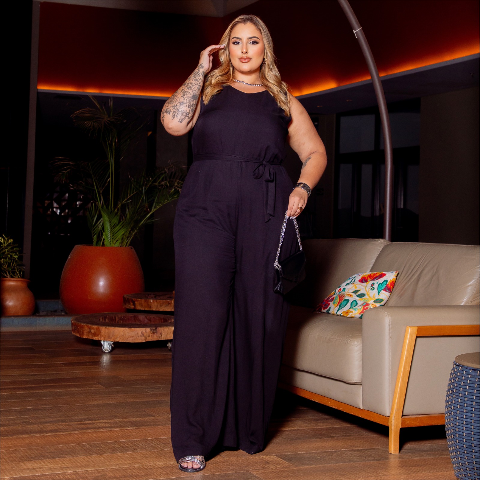 Macacão Longo Feminina Plus Size Manga Curta Ref 900751 Preto