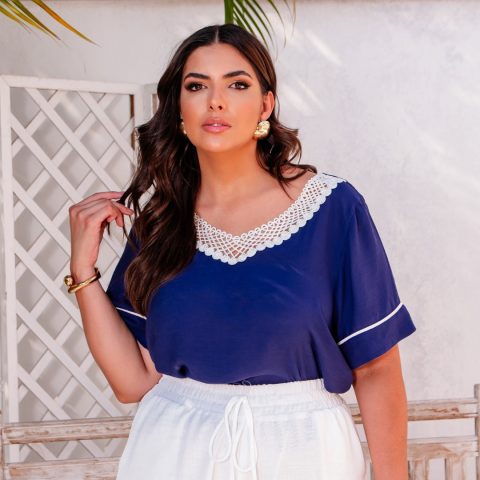 Blusa Feminina Plus Size Manga Curta Ref  12321 Marinho
