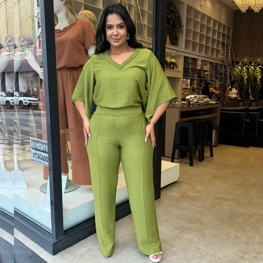 Conjunto Feminino Plus Size Manga Curta + Pantalona Ref 12544 Verde