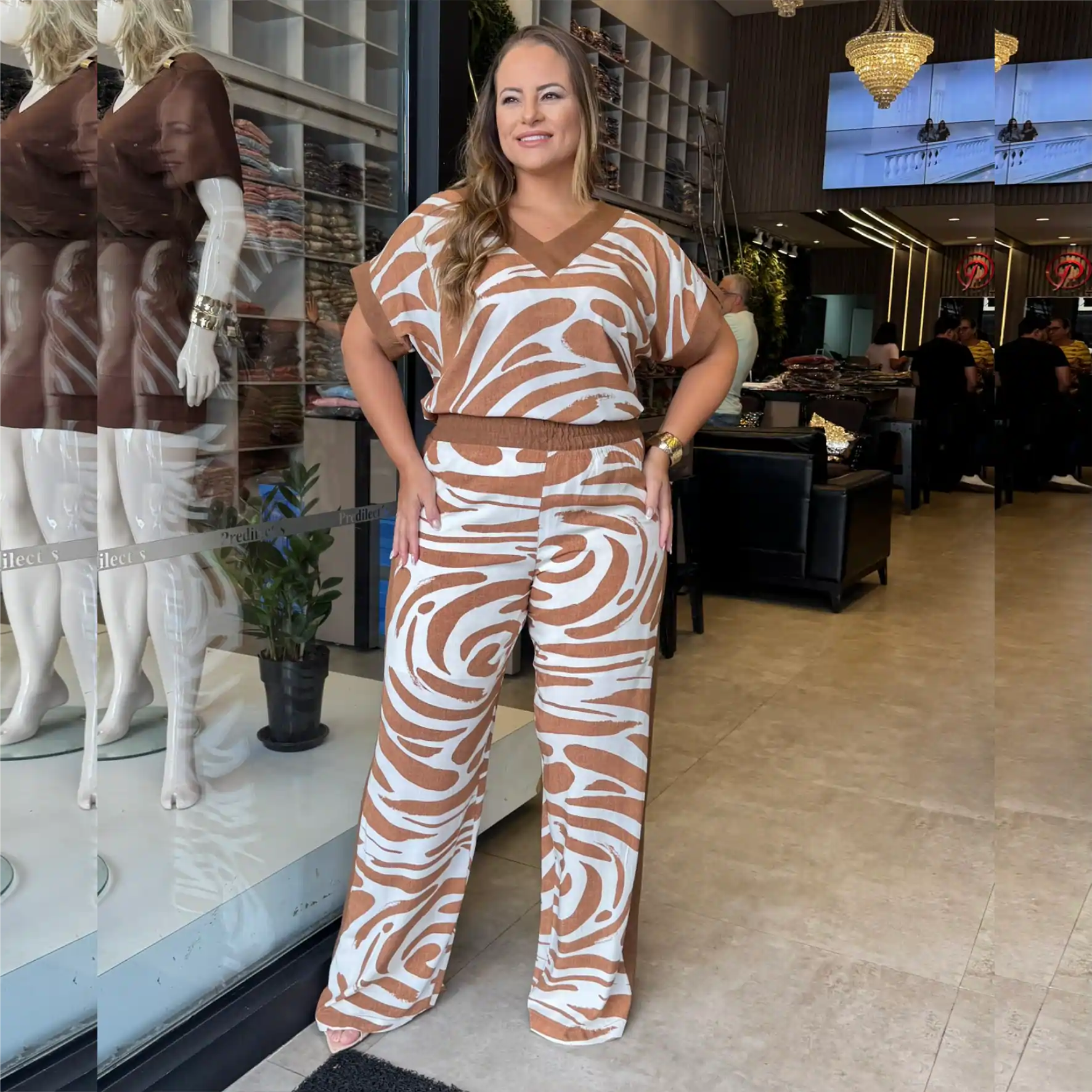 Conjunto Feminino Plus Size Blusa + Calça 12560 Off White Marrom