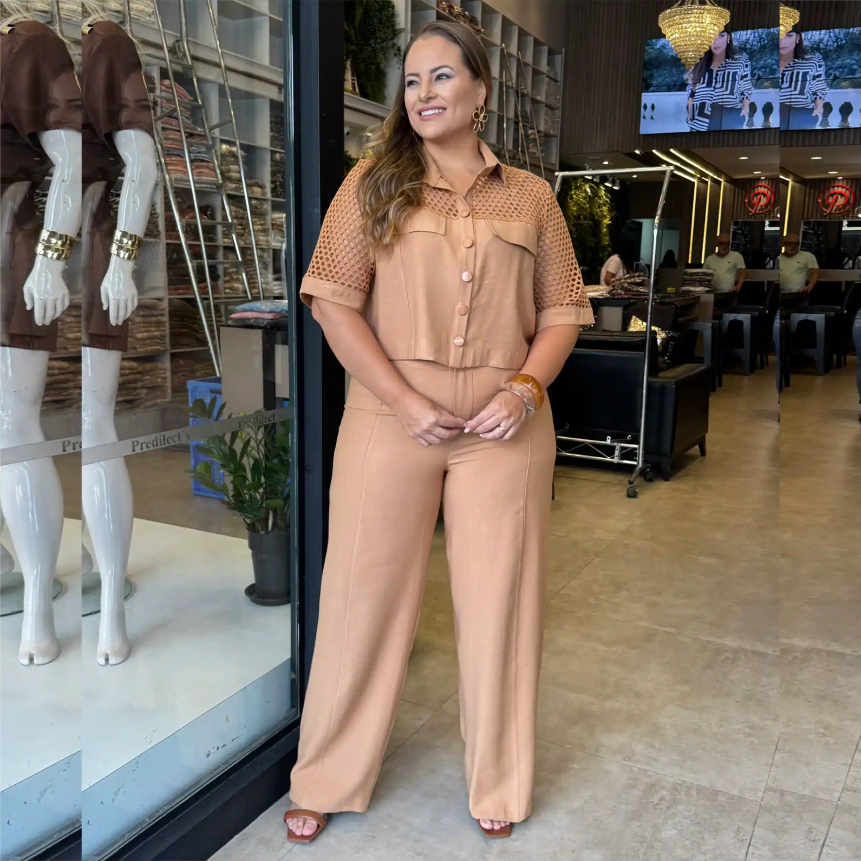Conjunto Feminino Plus Size Cropped + Calça Ref. 12572 Caramelo