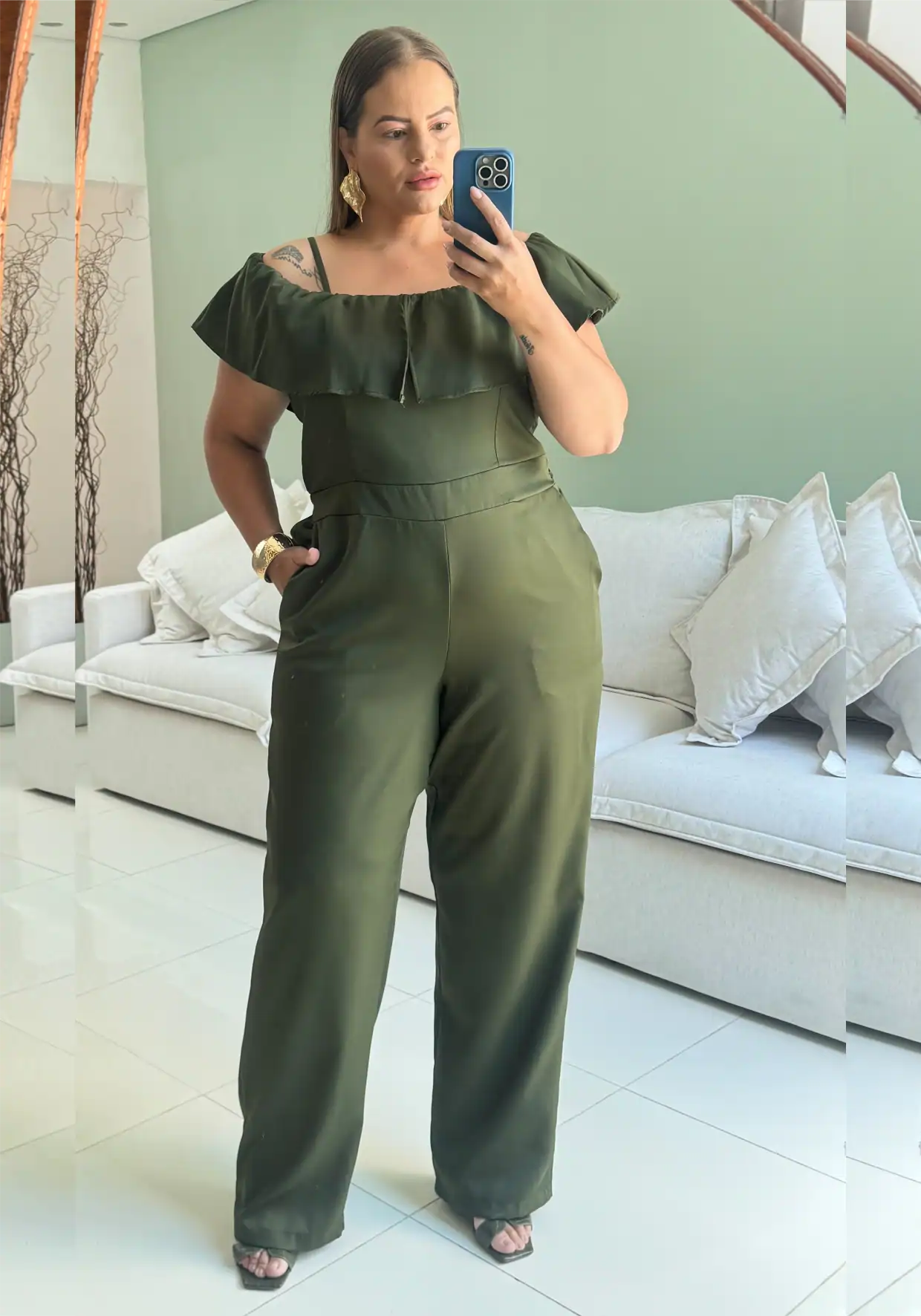 Macacão Longo Feminino Plus Size Manga Curta Ref 207280  Musgo