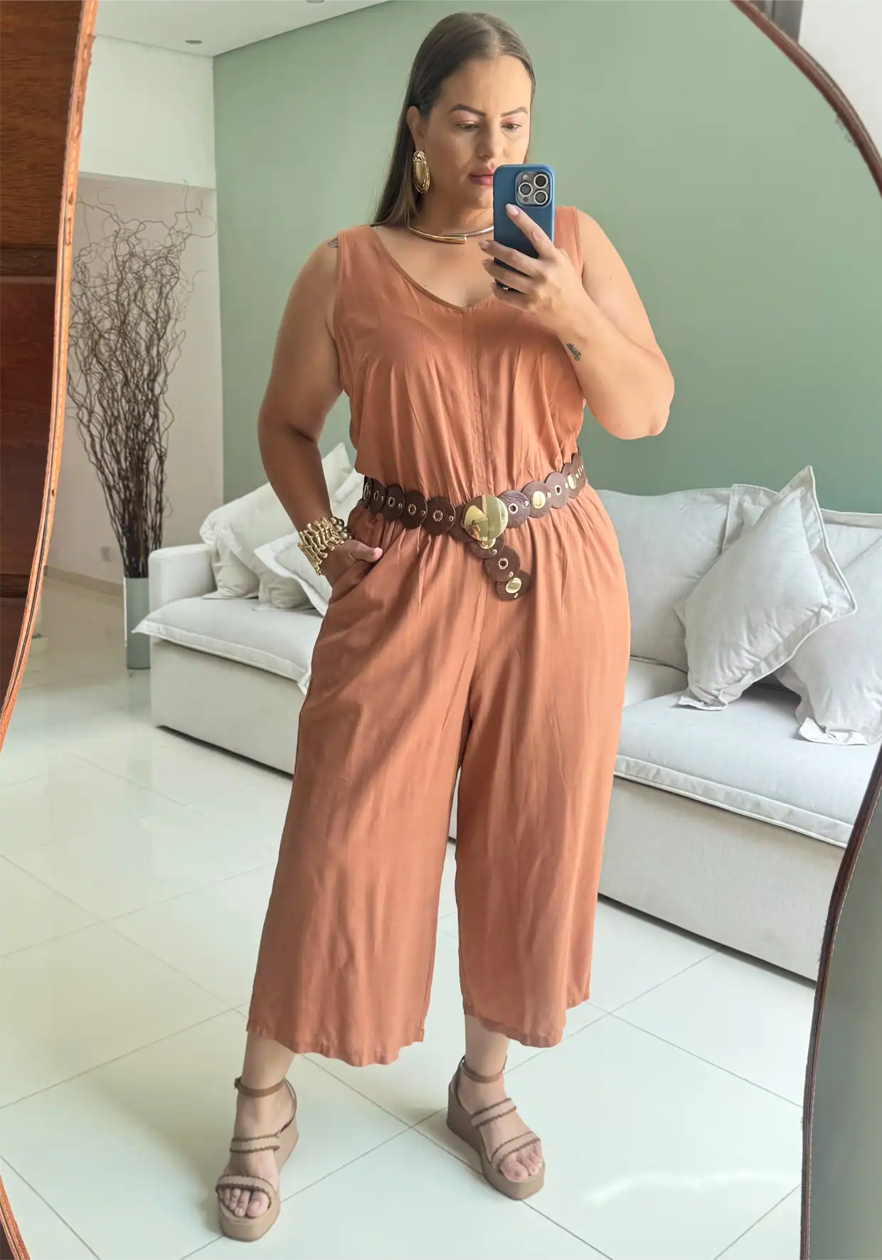 Macacão Pantacourt Feminino Plus Size Sem Manga Ref 207281 Marrom