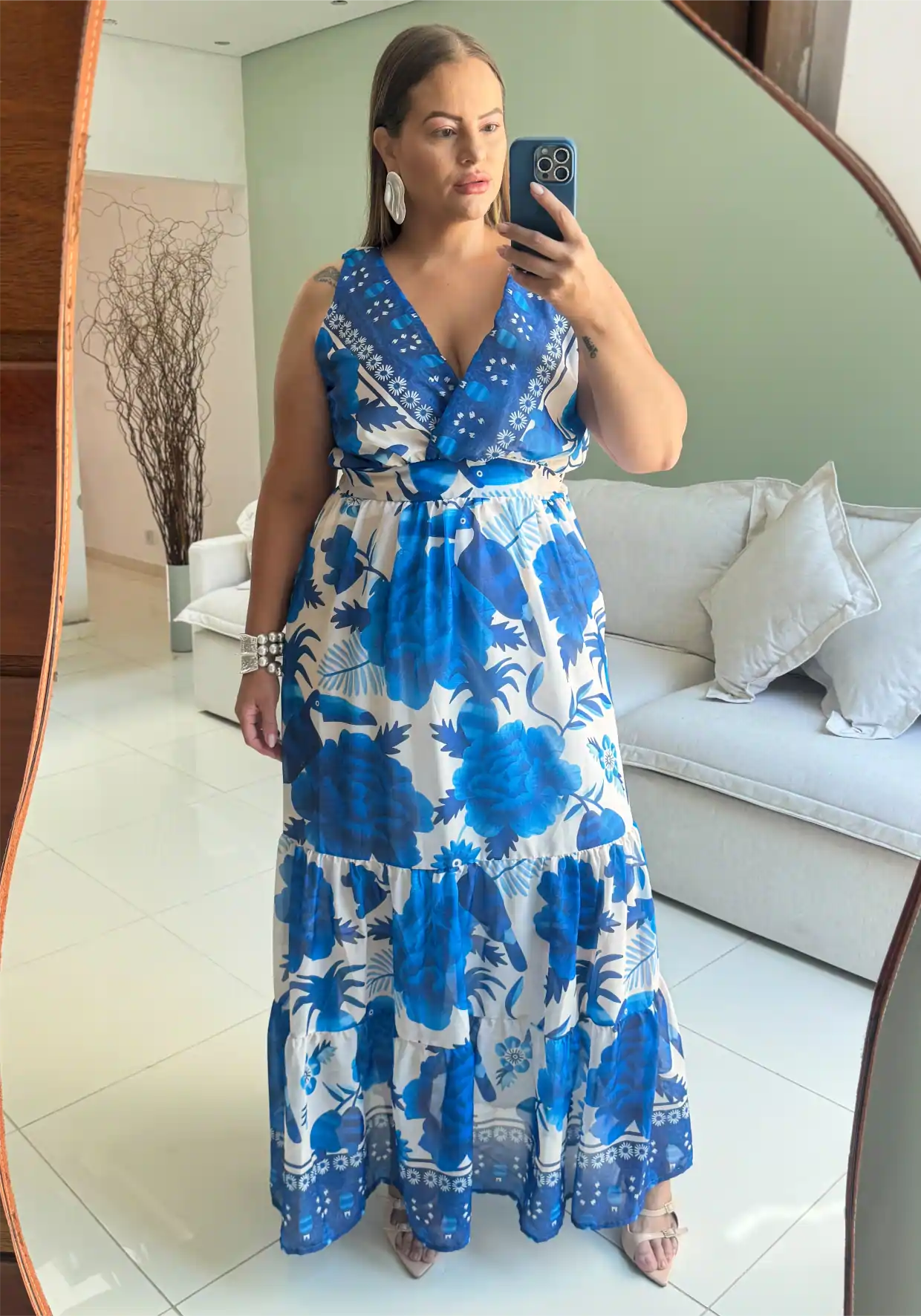 Vestido Longo Plus Size Sem Manga Ref 207282 Marrie Estampa Azul